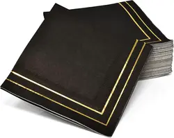 100 Gold and Black Cocktail Beverage Napkins 3 Ply Metallic Gold Foil Trim Stripe Disposable Paper Dessert Napkin for Dinner Wed