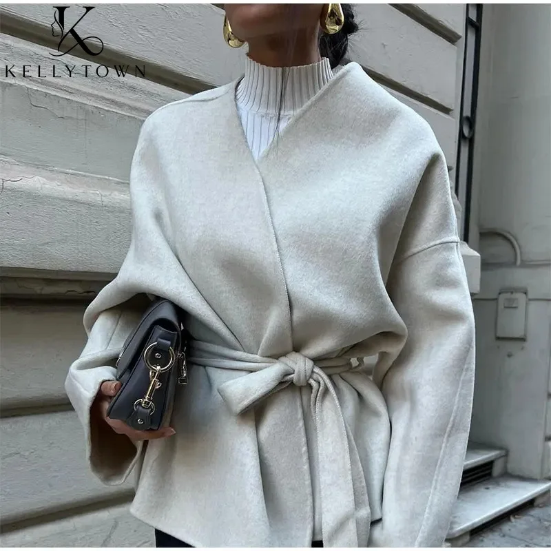 Women Wooled Coats Full Sleeve Loose Wrap Jackets Autumn Winter Female Clothes Solid 2026 Office Lady Chic Outerwear Tops
