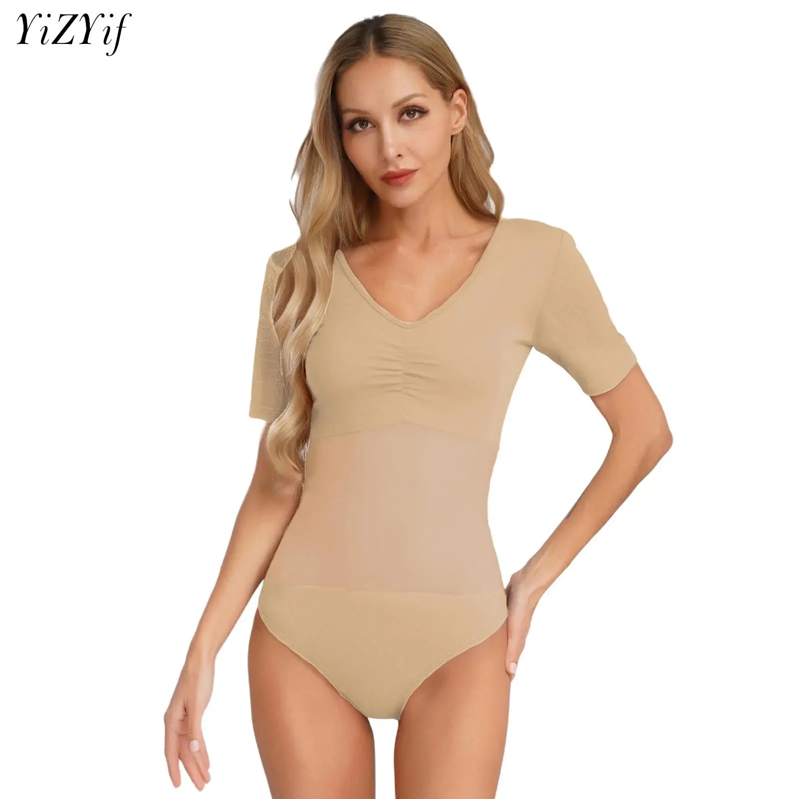 

Women Belly Dance Bodysuit Sexy Semi Sheer Gauze Tops Leotard Short Sleeve Blouses Jumpsuit Dancer Practice Performance Costume