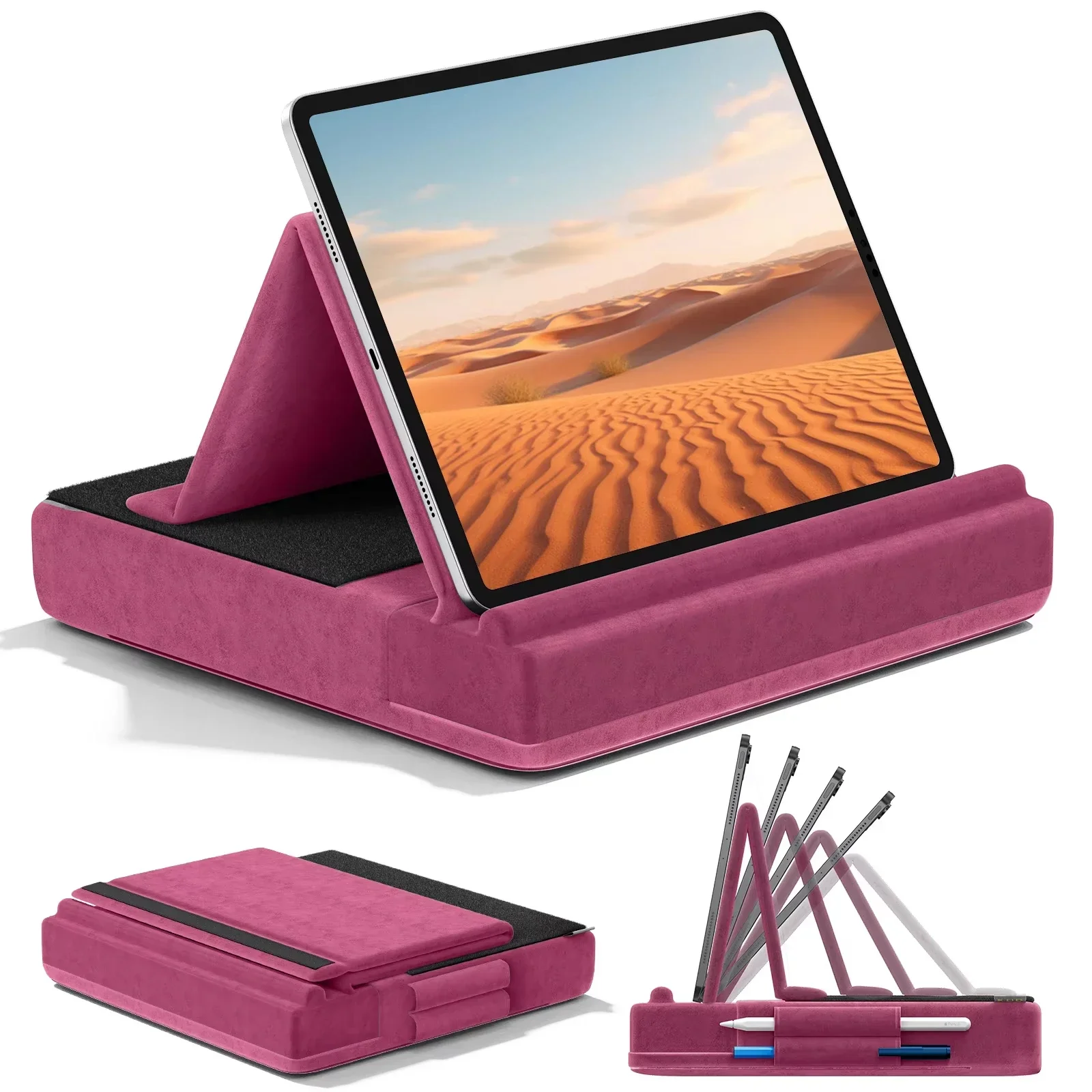 Upgraded Tablet Pillow Stand Multi-Angle Viewing Ipad Holder for Lap Bed and Desk Foldable Soft Pad Dock with Stylus Mount