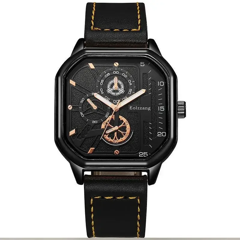 Alloy Men Quartz Watches Leather Strap Big Dial Student Square Sports Watch Cool Black Men\'s Watch Waterproof  Wristwatch