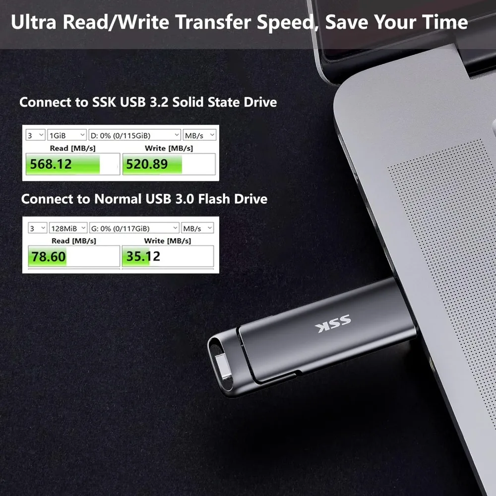 Alta Velocidade USB Tipo C Flash Drive para PC, Pen Drive de Estado Sólido, Pendrive, Gen 2, 512GB, 256GB, 550MB por s, SSK, USB 3.2