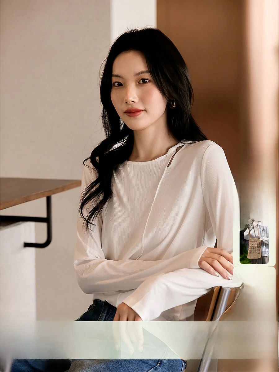 

Элегантная футболка из модала и ацетата с 3D-узлом, повседневный свободный крой, длинный рукав, круглый вырез, дышащая, для женщин, весенняя одежда