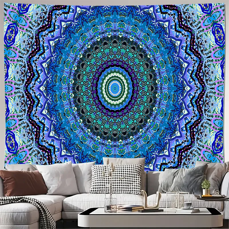Vibrant Blue Purple Green Psychedelic Mandala Wall Tapestry Machine Washable All Season Decor Home Enhance spatial aesthetics