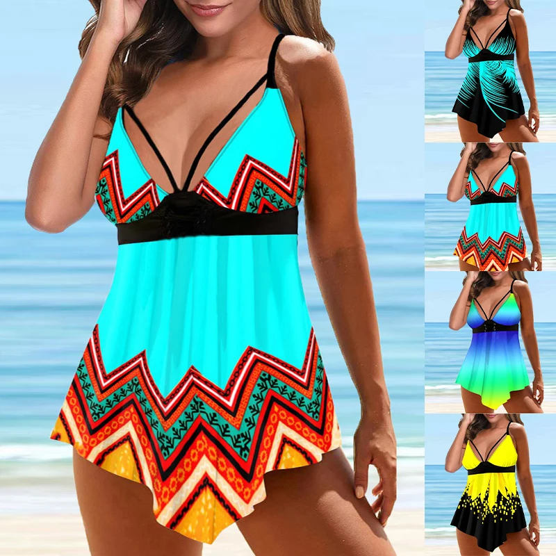 Tankini estampado para mujer, traje de baño de dos piezas, conjunto de Bikini, ropa de playa, verano 2023