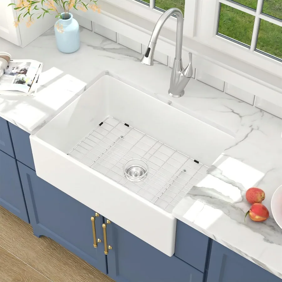 

28-дюймовая белая раковина для фермерского дома с дизайном передней части фартука для современной фермерской кухни, плоская раковина с одной чашей из фарфоровой керамики