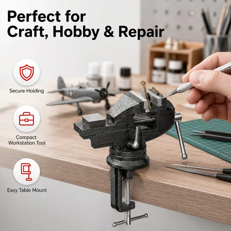 Clamp-On Mini Bench Vise Heavy Duty Cast Steel 360° Rotating Table Vise with Serrated Jaws for Woodworking Metalworking DIY