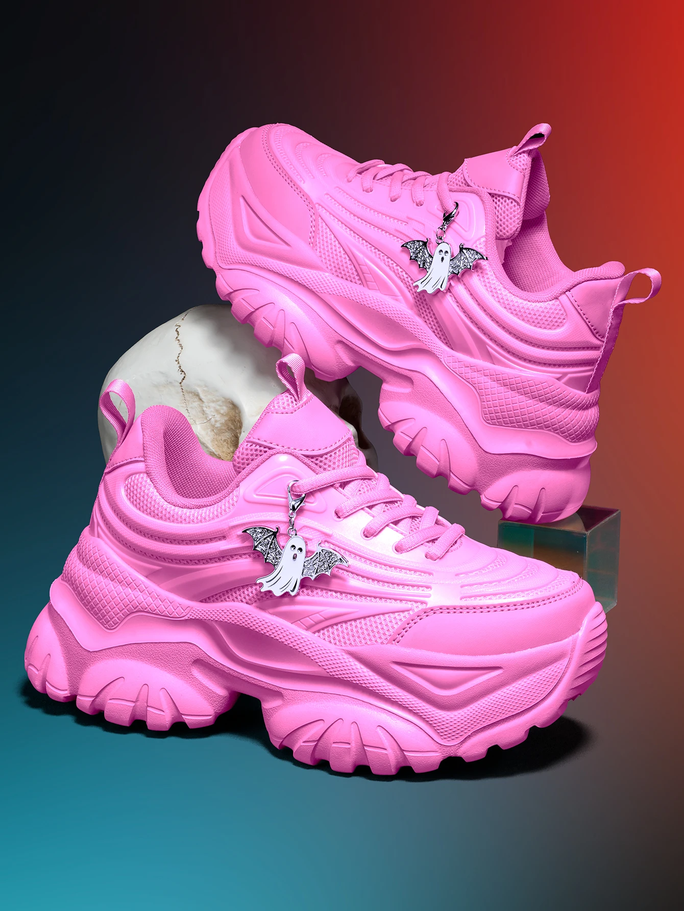 Women's 2026 Sweet-Cool Y2K Style Platform Sneakers with 7cm Height Increase, High Street Punk Fashion Theme, Versatile Casual Pink Sneakers, 3D Design with Mesh Fabric Upper, Lightweight and Breathable, Featuring Detachable Silver Ghost Metal Charms, Round Toe Lace-Up Design, Eva Non-Slip Wave Sole for Cushioning and Comfort, Suitable for All Seasons, Trendy Shoes view 6