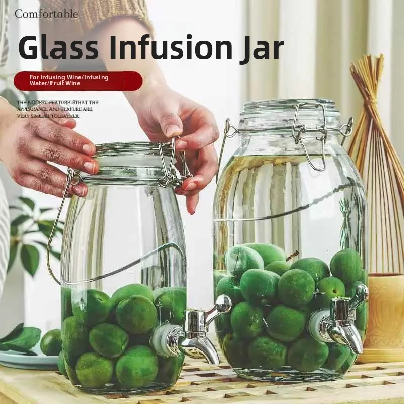 Large Size Glass Fermentation Barrel Wine Making Bottle with Handle Kitchen Storage Container Sealed Jar for Plum And Honeysu...