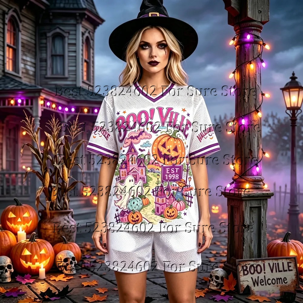 Unisex Halloween Boo Ville Jersey Cute Pumpkin Ghost Castle V‑Neck Mesh Short Sleeve Casual Holiday Party Cosplay Sport T‑Shirts