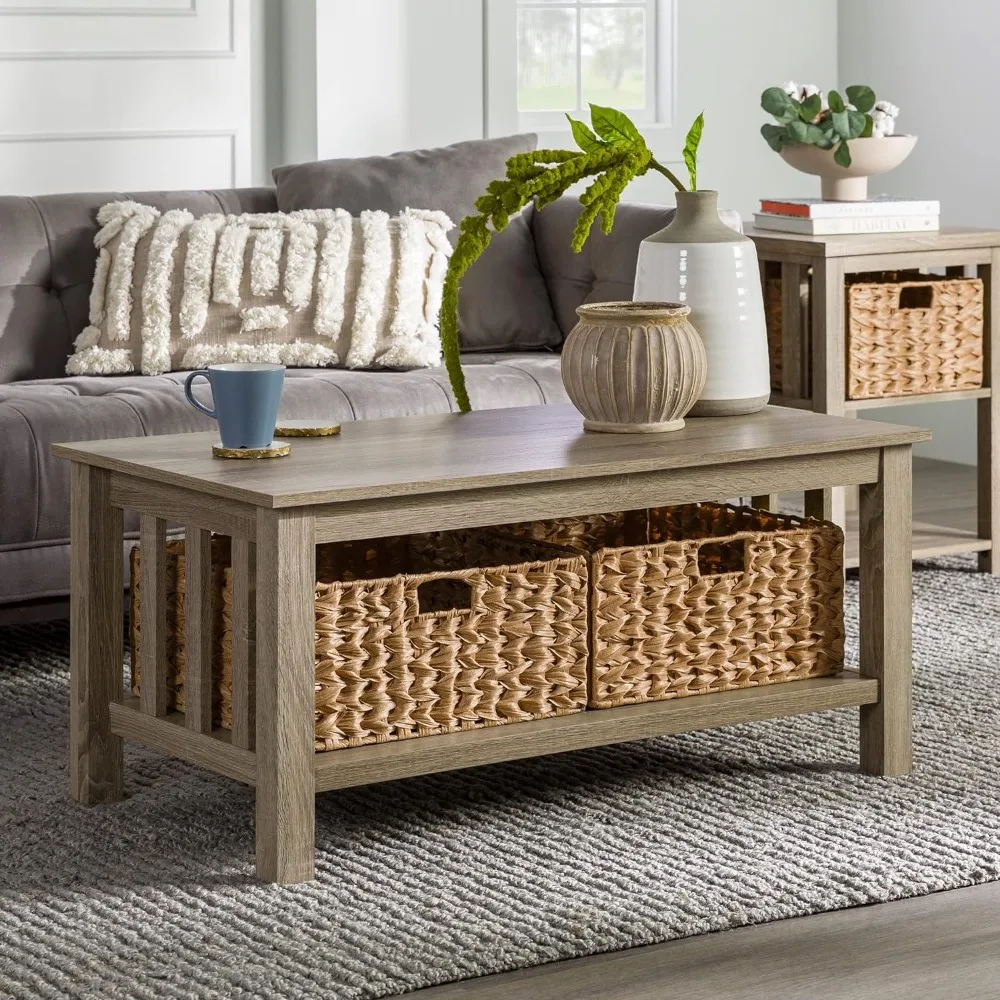 

40 Inch Lift Top Coffee Table Nordic Mission Style Two Tier Coffee Table With Rattan Storage Baskets Driftwood Freight Free Side