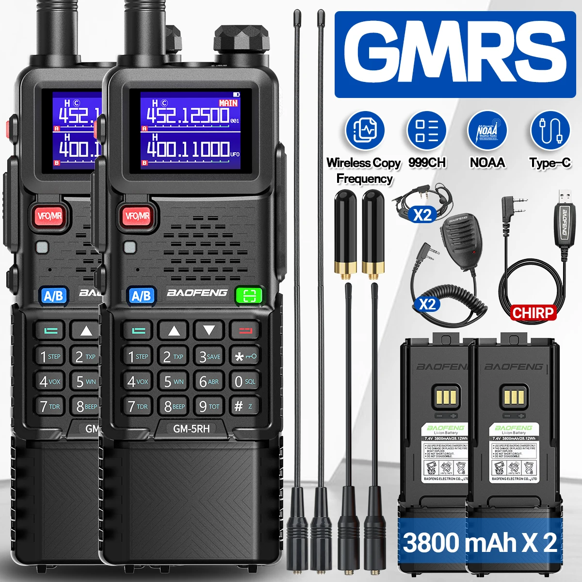

2PCS Baofeng GM-5RH GMRS Radio Walkie Talkie 3800mAh Battery Type-C 999CH NOAA For UV-5R UV-5RH 5RM Ham Radio for Hunting Hiking