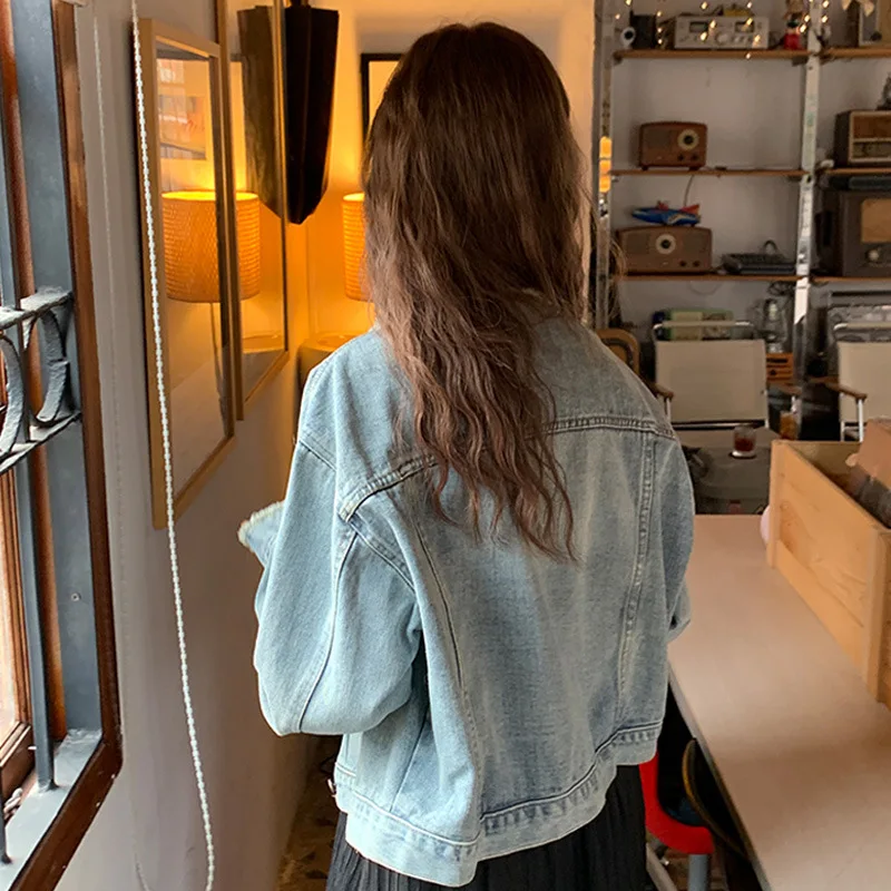 Faionable solto feminino denim jaet primavera outono retro tamanho pequeno casaco ort material de algodão modelo fino produção chinesa