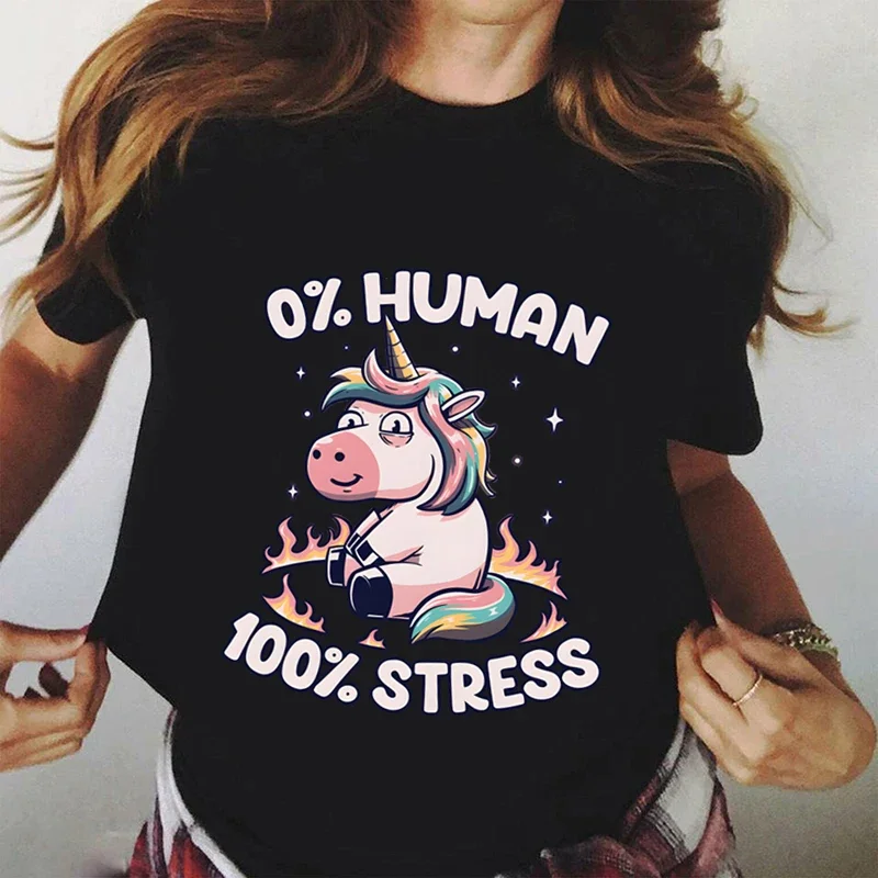 Women Graphic Shirt 0% HUMEN 100% STRESS Short Sleeve Funny Tshirt Girl Print Cute Unicorn Harajuku Fashion Trend Female T-shirt