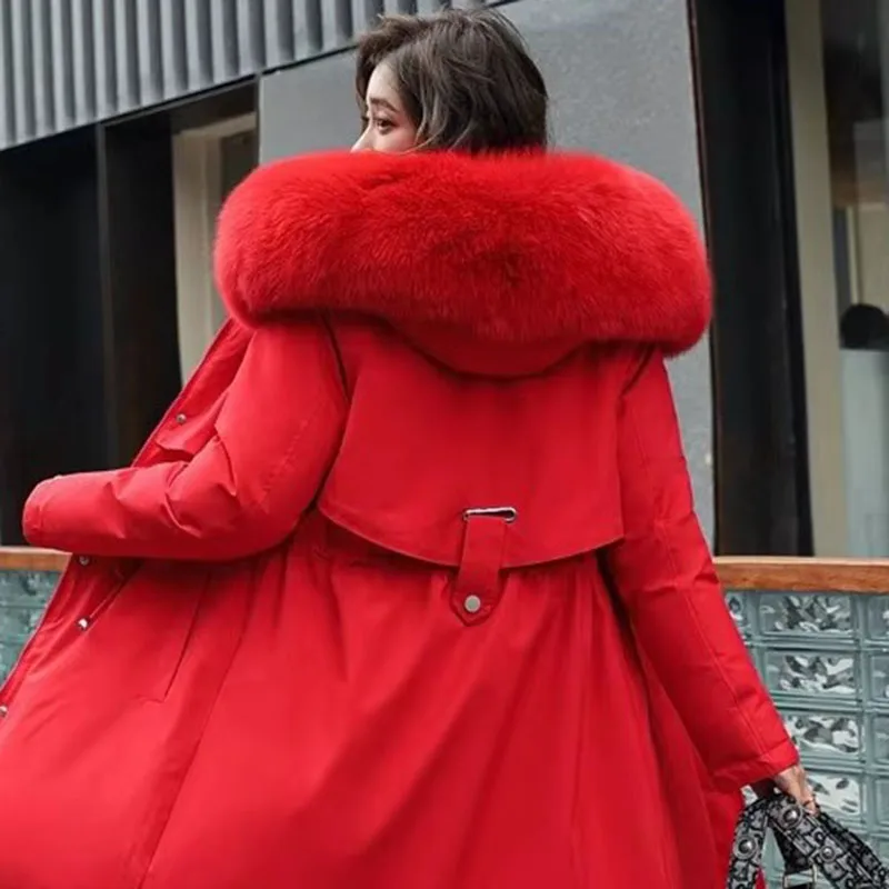 新しい女性の綿ジャケットパーカーミッドレングス大きな毛皮の襟豪華なダウン綿コート厚い防風暖かいオーバーコート韓国スタイル