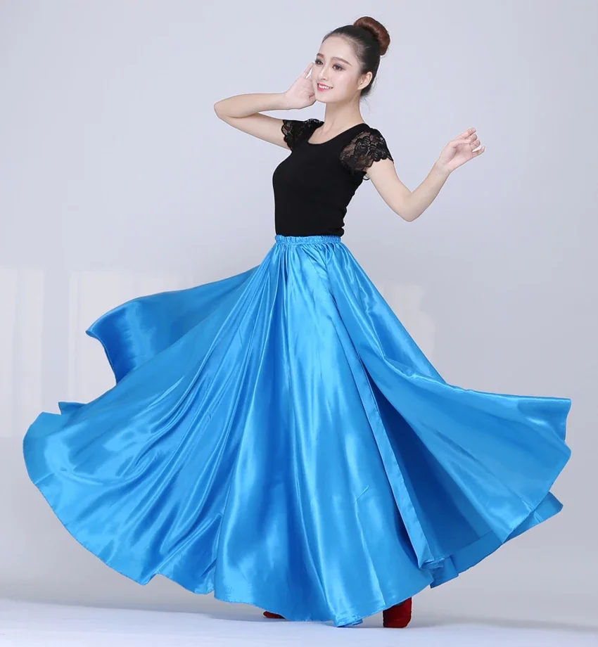 Belly Dancing Skirt Solid Gypsy Women Girl Spanish Flamenco Skirt Satin Big Swing Dress Adult Kids Stage Performance 360Degree