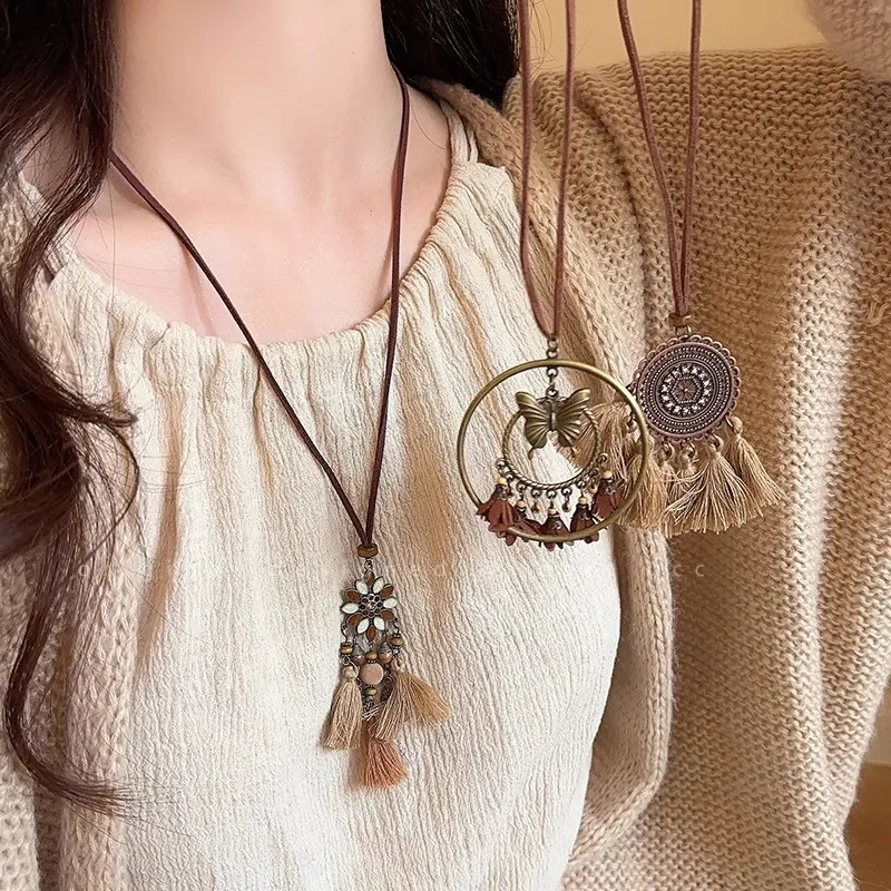 Fringe Pendant Necklace Ethnic Long Chain Women's Retro Autumn Winter Sweater accessory Versatile Boho Gift Idea