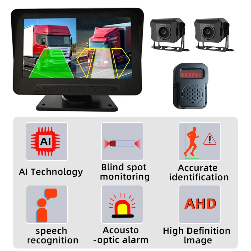 AI Truck Bus Forklift BSD Blind Spot Monitor System Front And Rear Screens Thoroughfare Monitor System 7 Inch Monitor 1080P