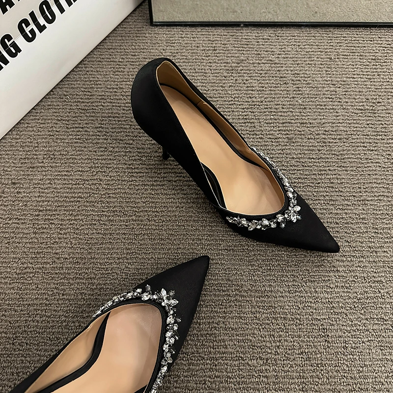 Pointed Thin Heel Sexy Bed Shoes High Heel 7.5cm or 9cm Rhinestone Thin Heel Fashion New Heels Shoes for Women 2024 Pumps