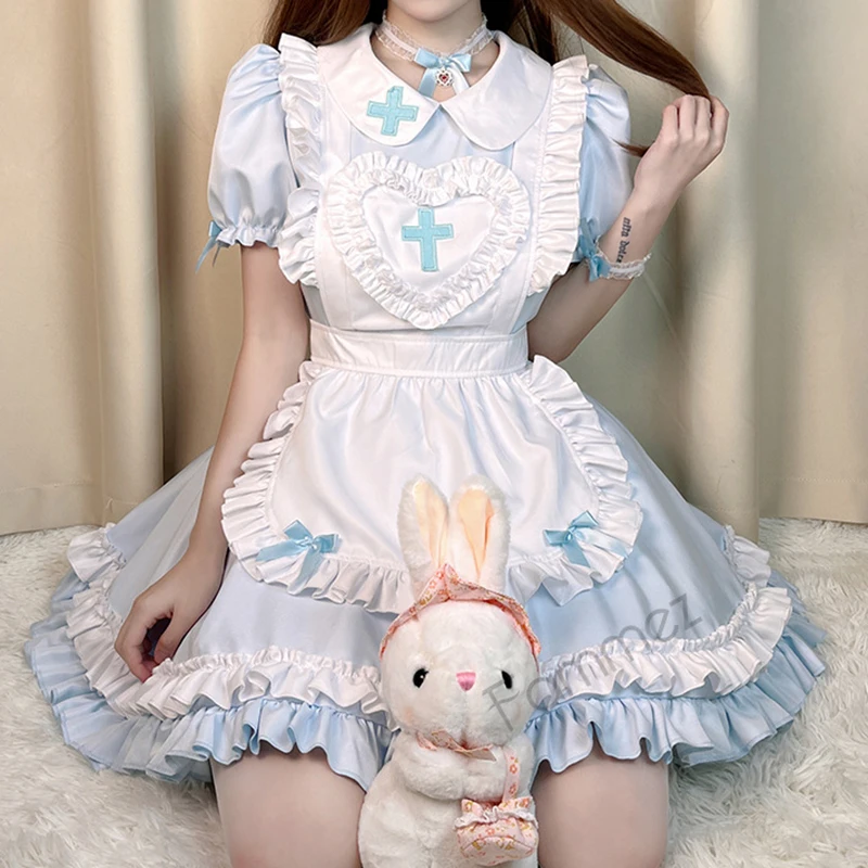 Gothic Lolita Cosplay Maid Costume Anime Cream Sweet Heart Pink Lolita Dress Maids Wear Uniform Short-sleeved Nurse Costumes