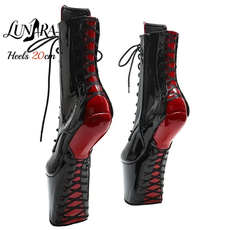 20cm/8Inch Black Red Patent Leather Lace-up Side Zipper Closed Toe Platform High Stiletto Ankle Boots Goth Pole Dance Rave Party