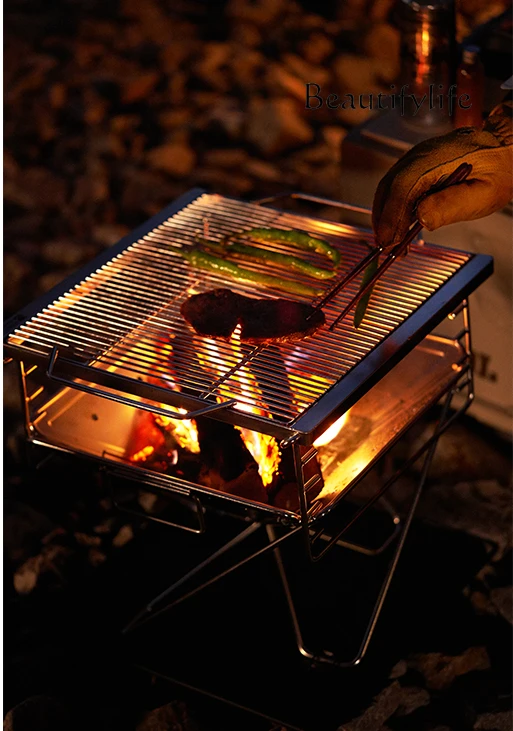 Outdoor Camping Stove Tea Cooking Grill Multi-Functional Folding Stainless Steel Fire Burning Table Campfire Rack