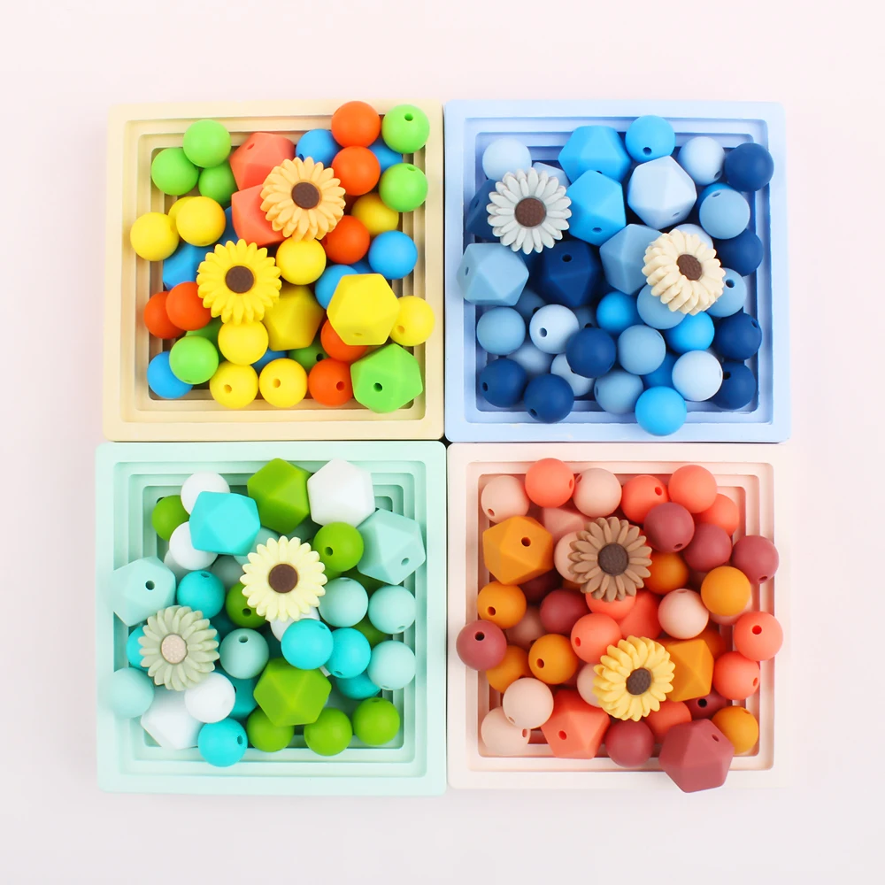 50Pcs/set Silicone Beads Pacifier Chain Hexagon Clips Set Flower Shape Teething Beads Newborn Accessories Diy Toys Food Grade