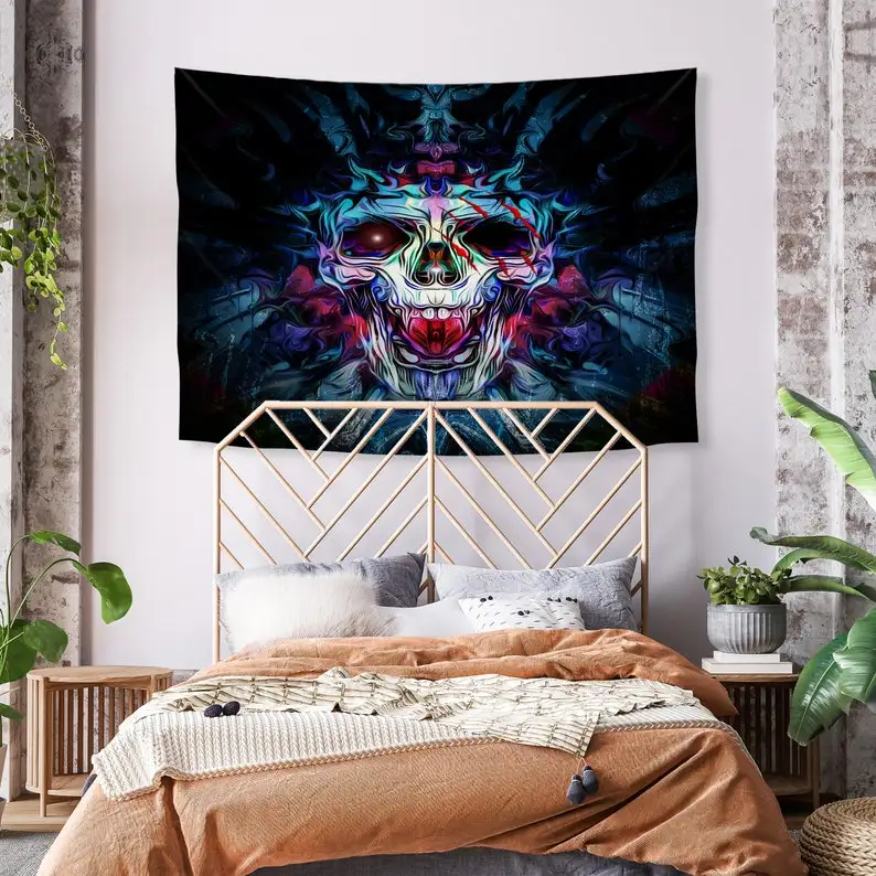 Neon Skull Abstract Wall Tapestry Psychedelic Gothic Art Decor for Dark Room Vibes
