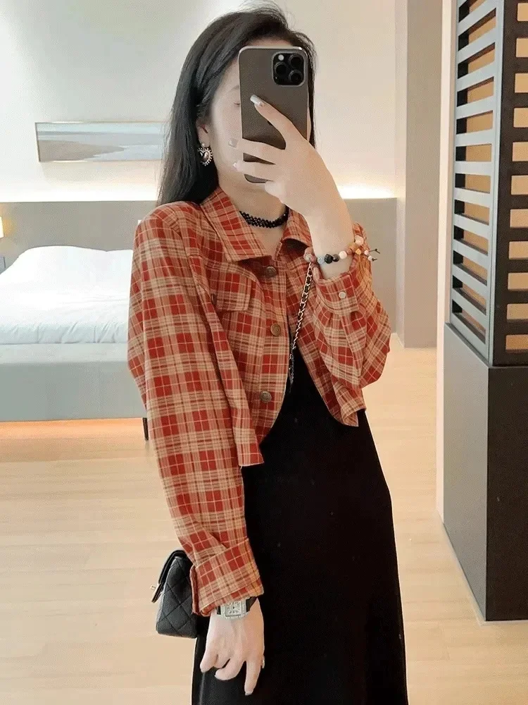 

ort Retro Plaid irt Jaet, женский весенне-осенний корейский вариант, новый высококачественный длинный топ-све для женщин