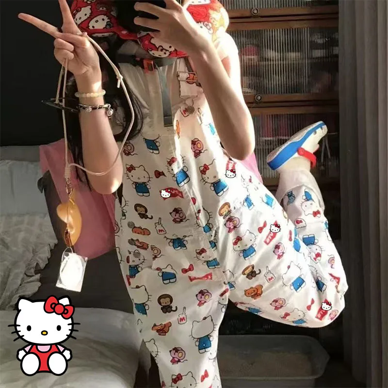 

Cute Hello Kittys Jumpsuit Y2K Sanrios Anime Denim Overalls Cartoon Print Kawaii One Pieces Jeans Fashion Straight Leg Wide Leg