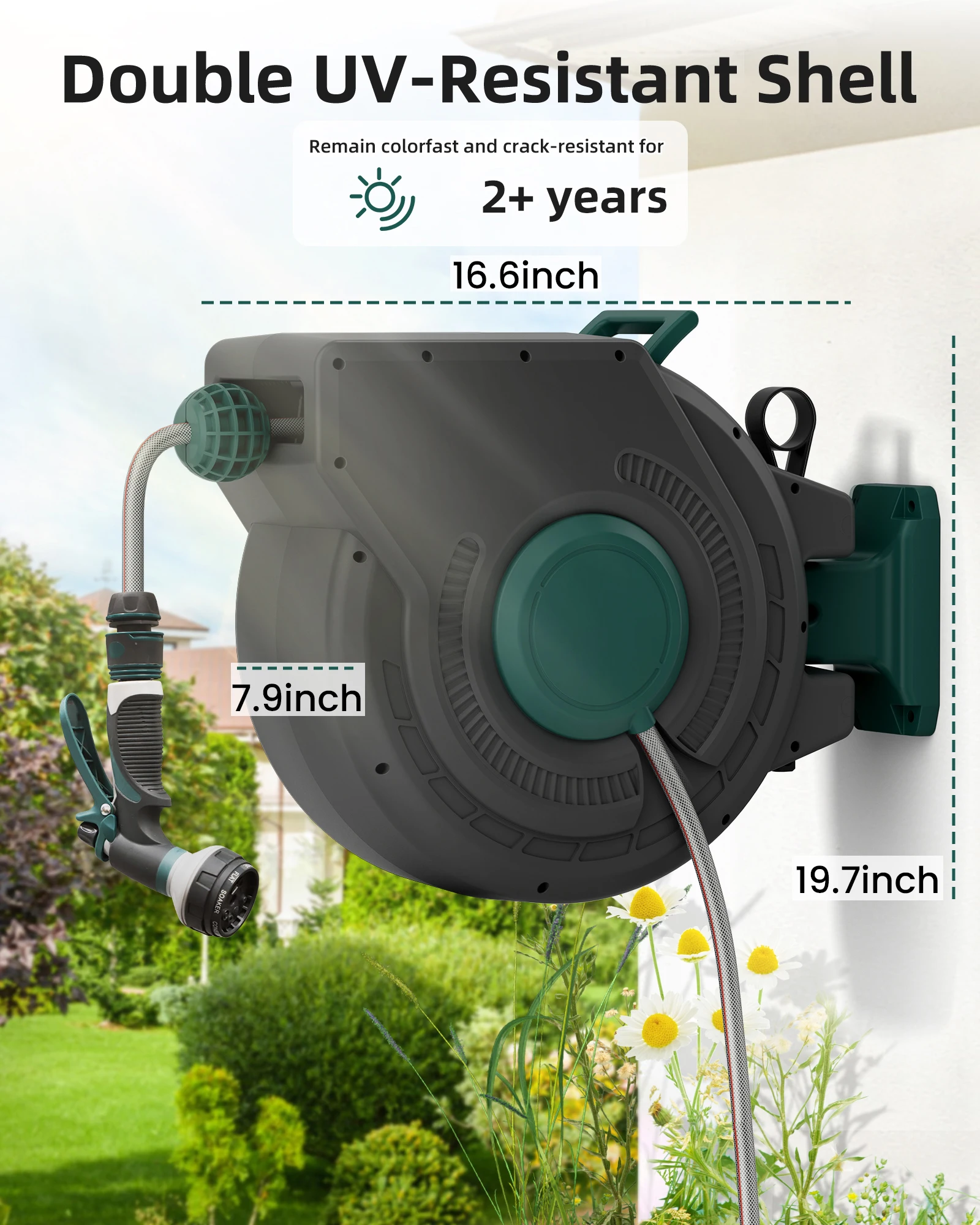 Retractable Garden Hose Reel ,100 ft Wall Mounted Hose Reel, with 10-Function Hose Nozzle,Slow Return System/180°Swivel Bracket