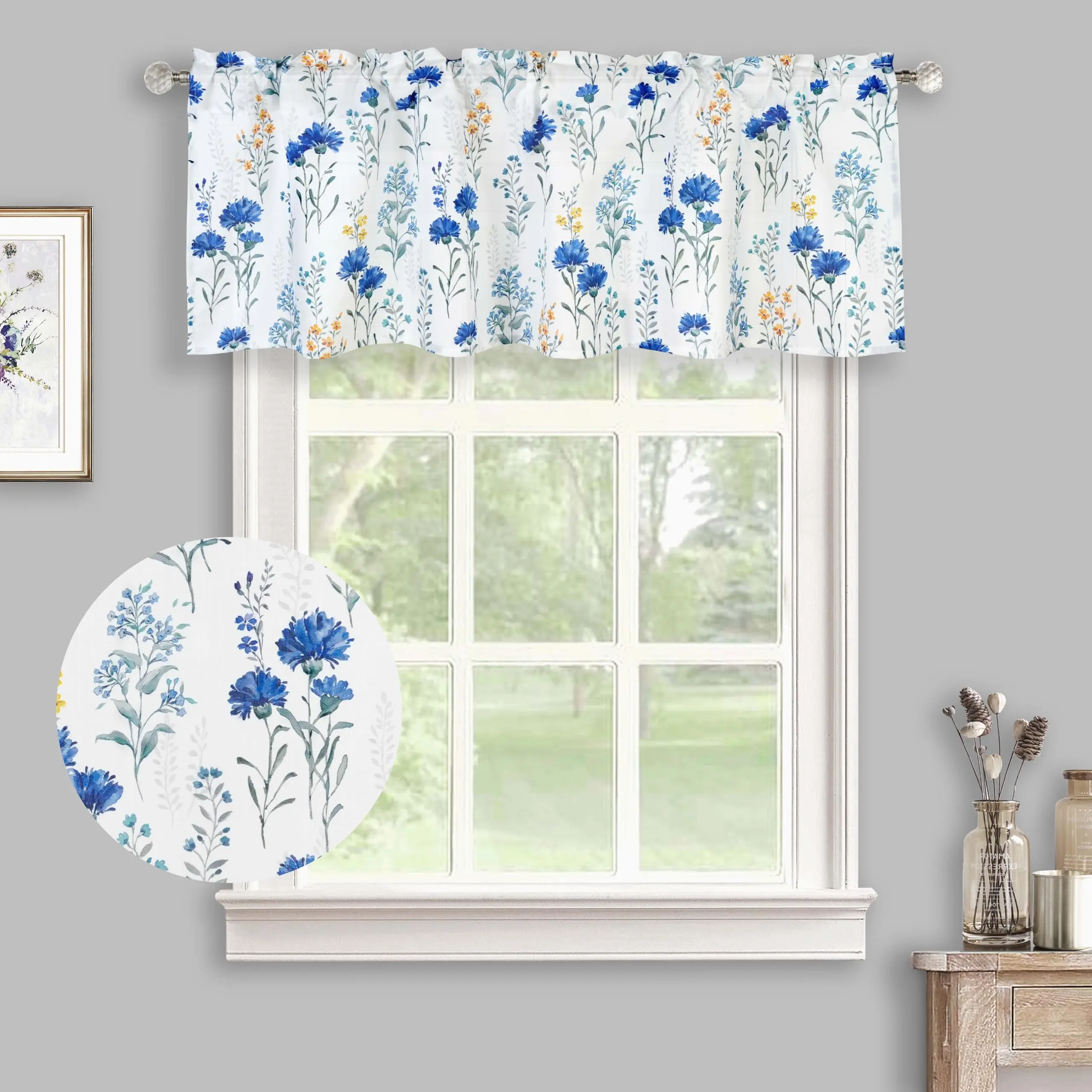 Watercolor Blue Flowers and Leaves Semi Sheer Curtain Valance,Window Valance Curtains for Kitchen Living Room Bedroom Windows