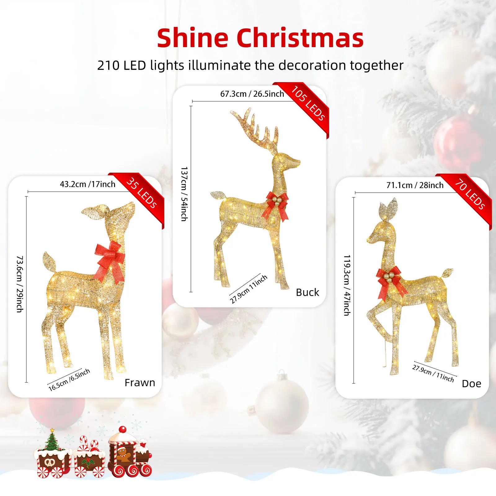 3D 3-Piece Outdoor atmosphere lighting fixtures Yard Holiday Lighted Reindeer Outside Indoor Home Lawn Garden 210 Led Lights