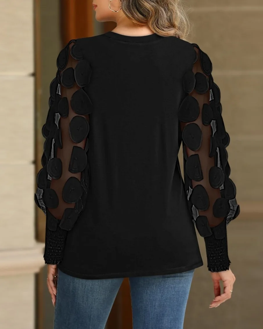 Bluse mit Rundhalsausschnitt und plissierter Vorderseite, 3D-Blumenmuster, langärmelig, mit gerafften Manschetten, elegant, für den Alltag, Partys, süß, lässig, Oberteil – Detail 4
