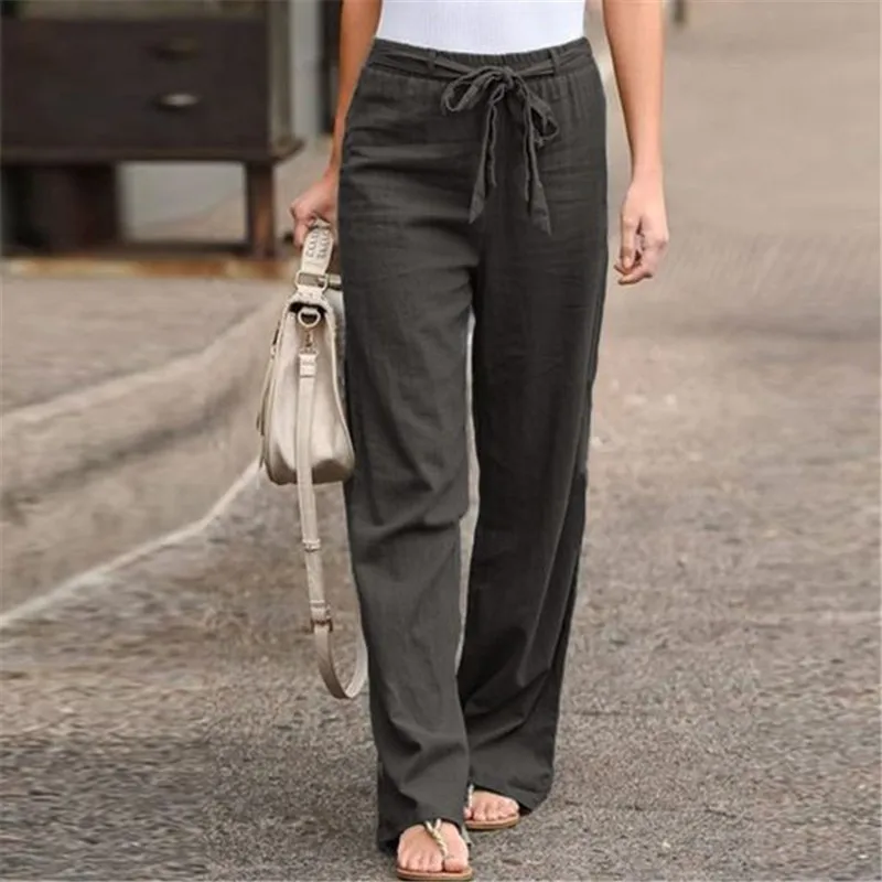Women's Cotton-Linen Wide-Leg Pants Solid Color Loose Fit Elastic Waist With Drawstring Summer Casual Trousers 바지