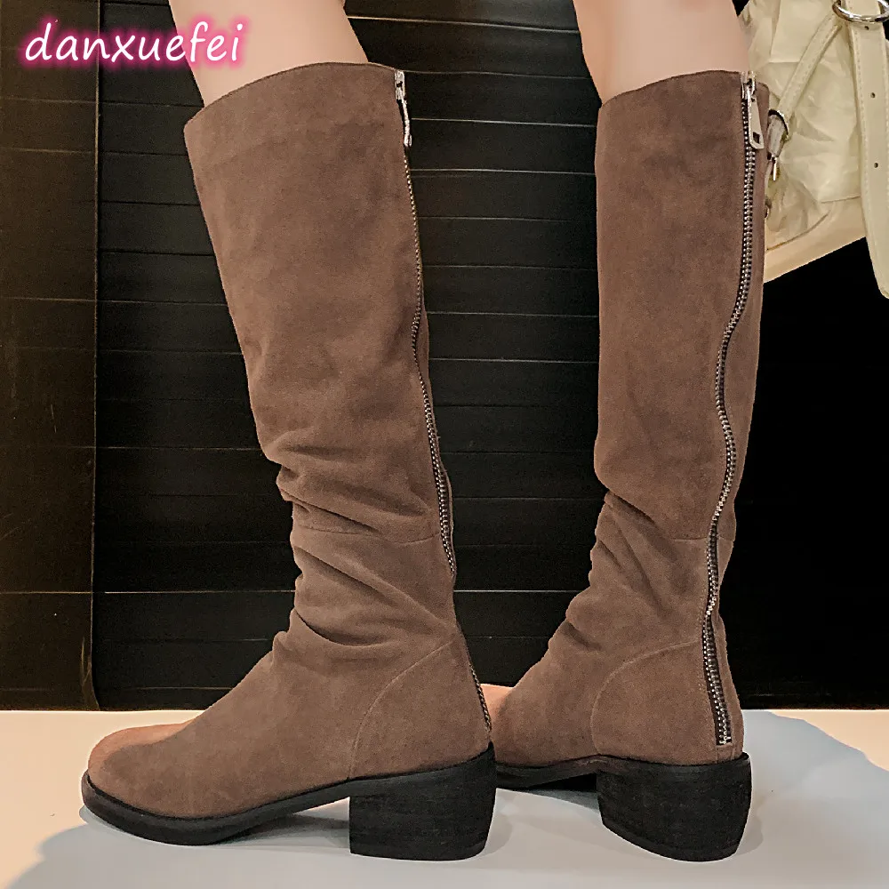 

danxuefei women's natural suede leather back zip autumn knee high boots 5.5cm chunky heel pleated casual long boots shoes women