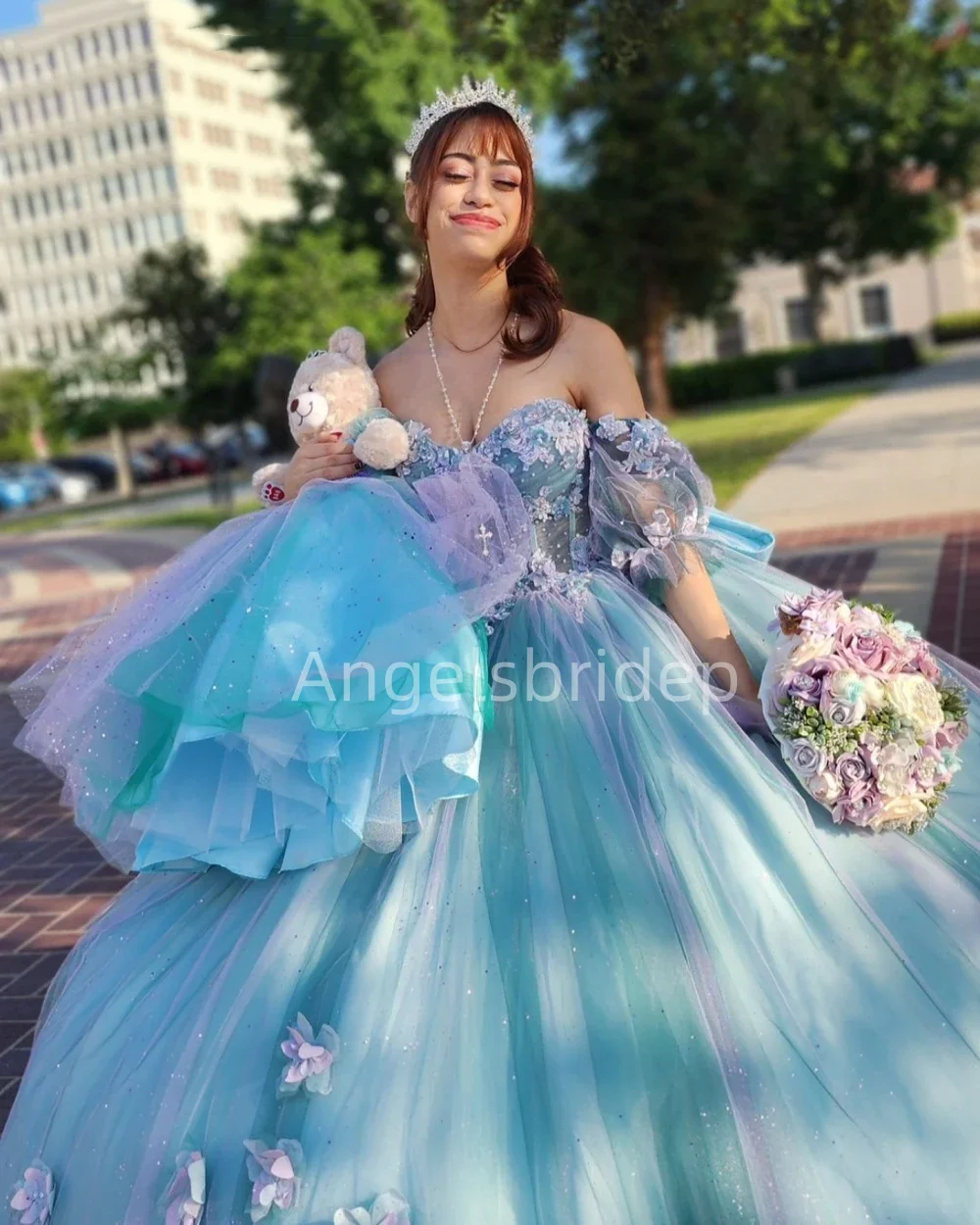 Engels bride mexikanische Abend party Vestidos de Fiesta 3d Blumen ballkleid Quinn ceanera Kleider Bogen ohne Bären kleid