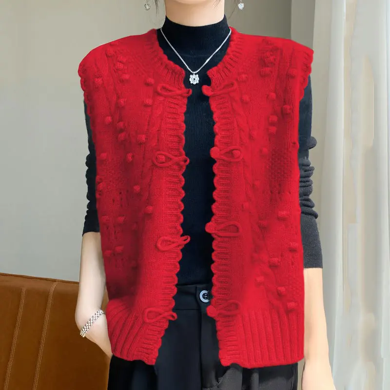 2024 New Knitted Cardigan Vest Women Spring Autumn Loose Temperament Sleeveless Knitwear Waistcoat Jacket Female Top