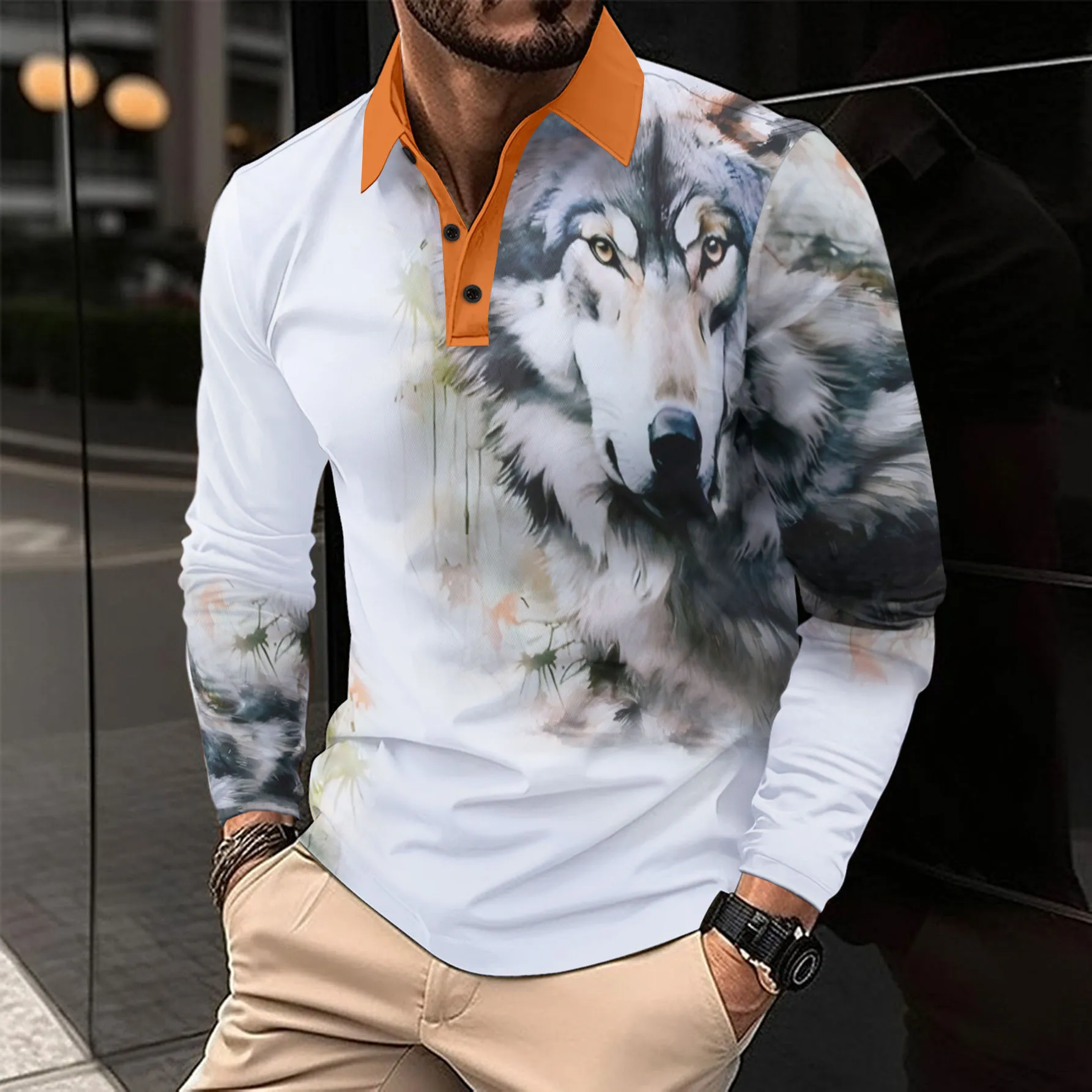 2024 New Spring and Autumn European and American Men's Polo Shirt Long Sleeve Wolf Head 3D Printed Men's Casual Polo Shirt