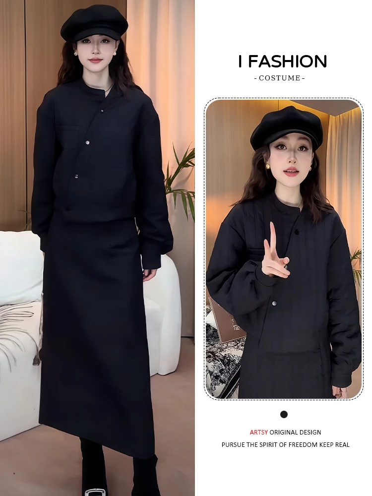 Korean Sle Commuter Cotton Jaet Skirt Set Women's Casual Winter Faion Tee-Piece Suit Warm Thiened Filling All-Over