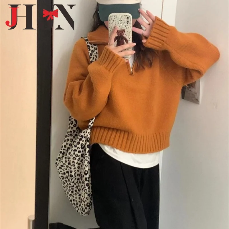 JHJN New Woman Sweater Loose Half Zip Knitwear Solid Color Casual Tops 2025 Warm Coat Soft Pullovers Y2k Fashion Female Clothing