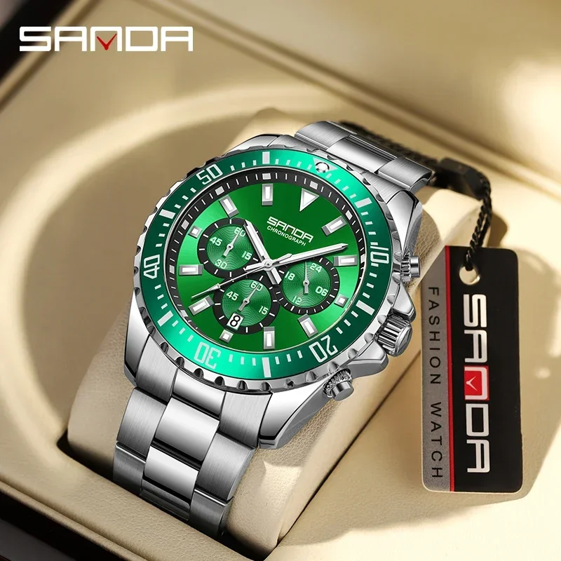 Sanda-reloj de cuarzo fluorescente para hombre, cronógrafo sencillo y personalizado con tres ojos y seis agujas, nuevo, 5306