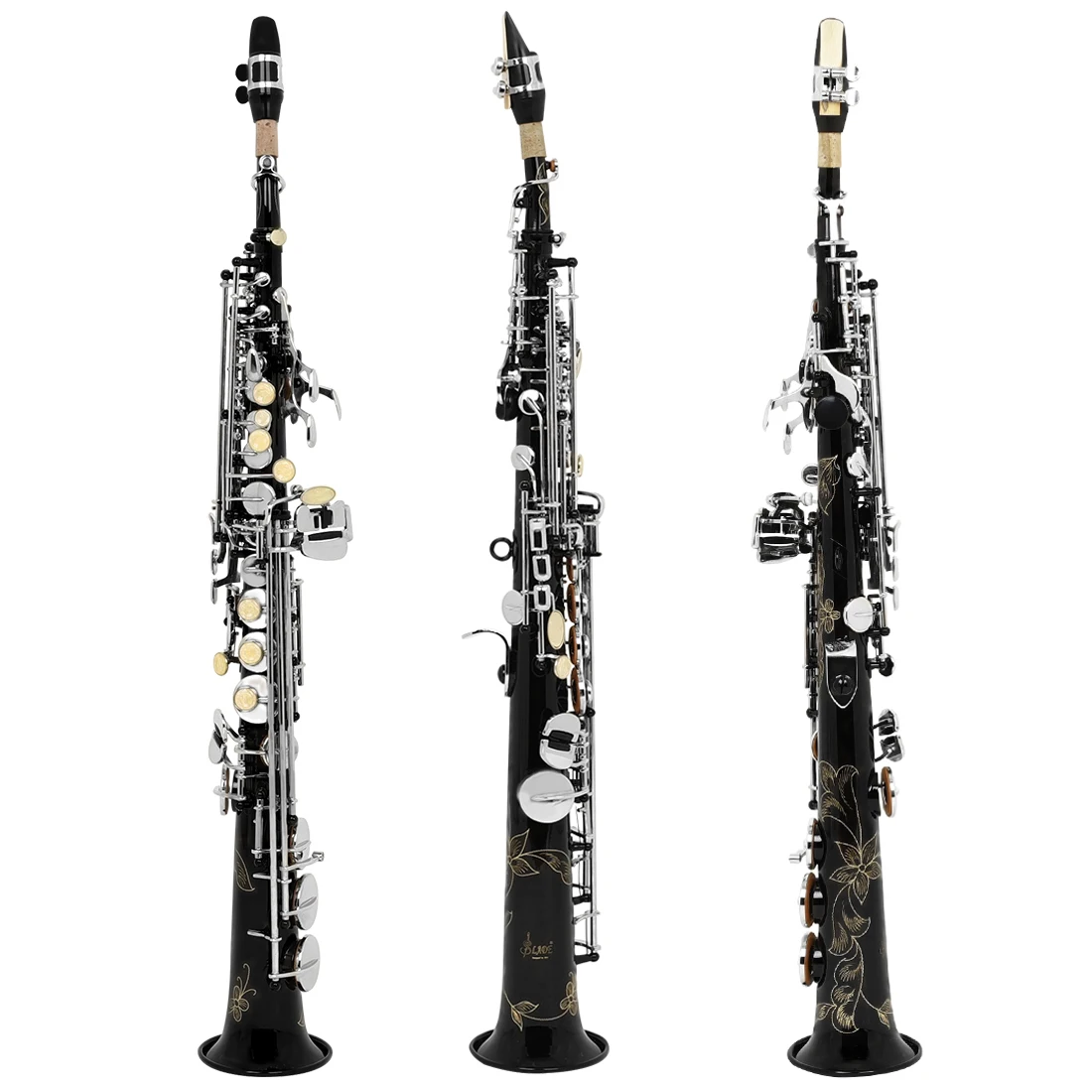 SLADE Black Soprano Saxophone Standard Bb Straight Soprano Saxophone Brass Body Carved White Shell Keys Sax with  Strap Gloves