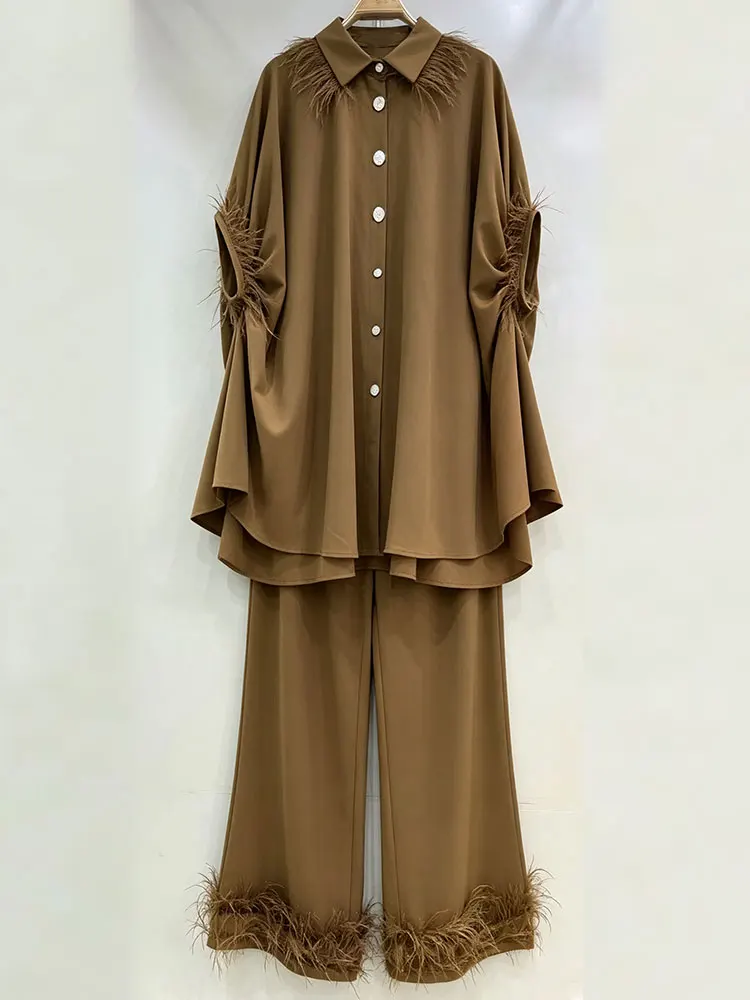 2026 Summer New Women's Suit Loose Feather Bat Sleeve Single-breasted Shirt+High Waist Straight Pants Fashion Two-piece Set