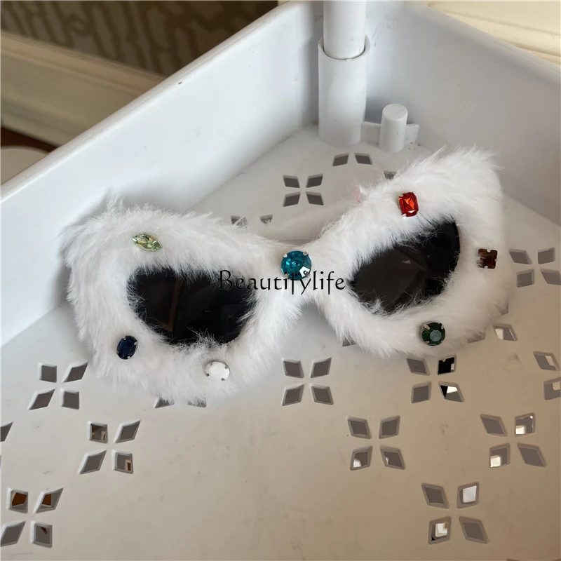 Furry Glasses Birthday Funny Plush Glasses Triangle White Cat Ear Sunglasses with Diamond