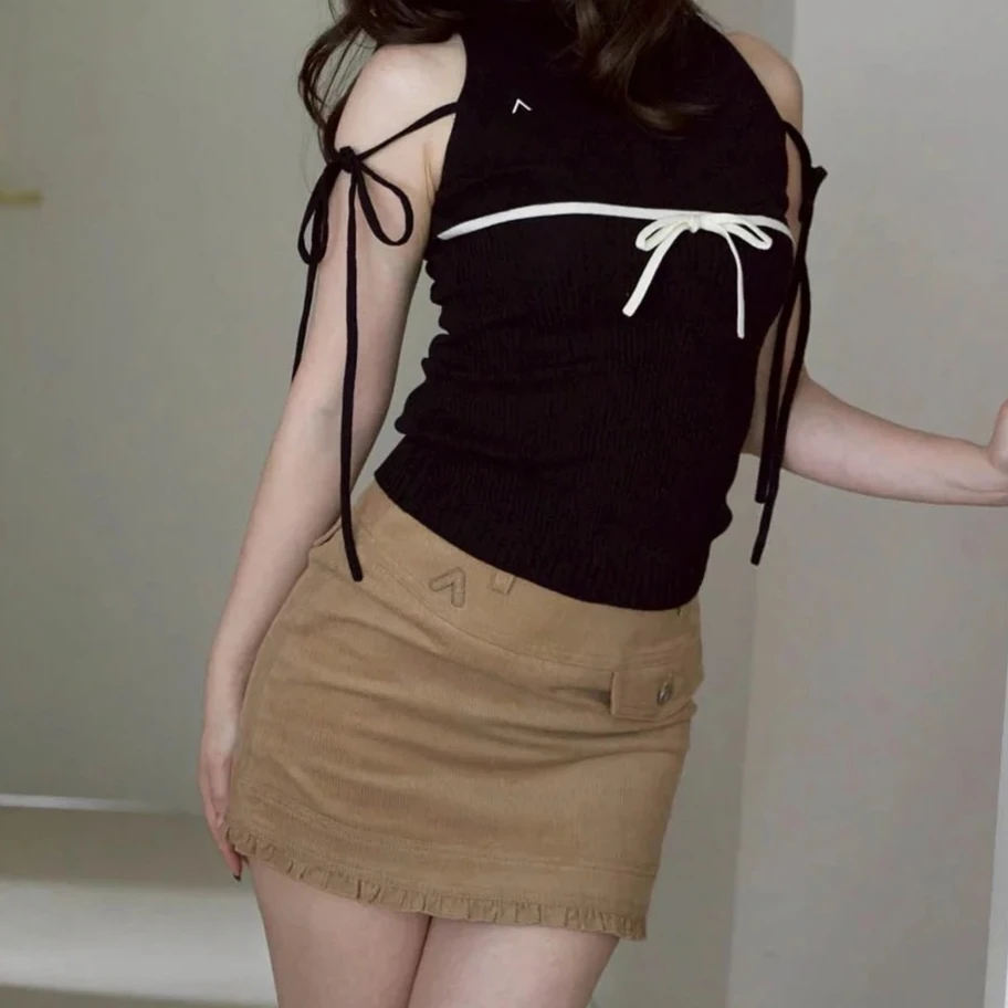 

Spring Autumn Japanese Style Sweet Bowknot Color-Block Sleeveless Knitted Vest Women Versatile High Neck Slim Fit Outerwear Top