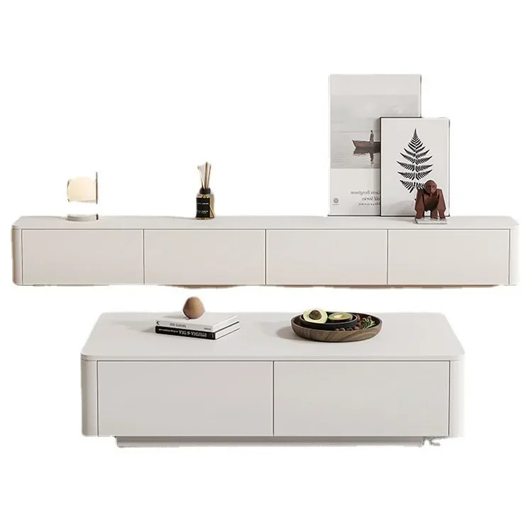 

Cream wind, solid wood, TV cabinet coffee table combination, white floor cabinet, household, small apartment, floor