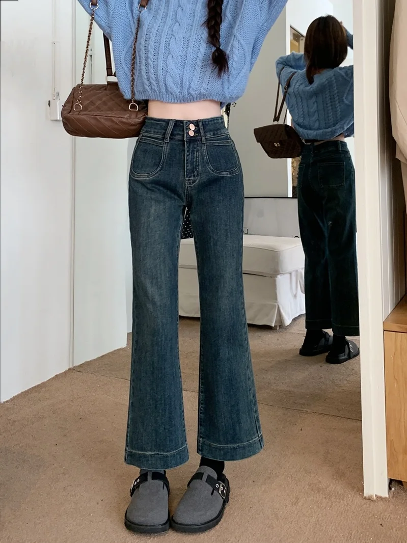 

Американские синие джинсы с эластичной резинкой в стиле ретро, женские новые расклешенные джинсы большого размера с высокой талией, девять очков, микро-клеш, хлопковая эластичная джинсовая ткань