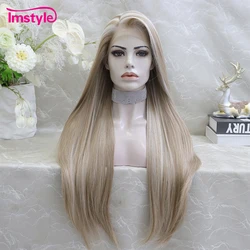 Imstyle-peluca sintética con malla frontal para mujer, cabellera larga lisa con reflejos de platino, resistente al calor, para uso diario