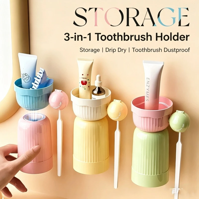 Multi functional three in one magnetic toothbrush cup holder, bathroom inverted mouthwash cup, toothbrush toothpaste